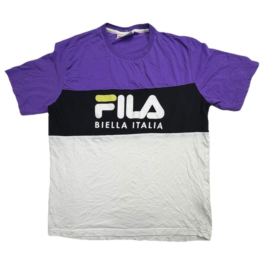 FILA Biella Italia Colorblock Logo T Shirt Purple Black White Men's Medium